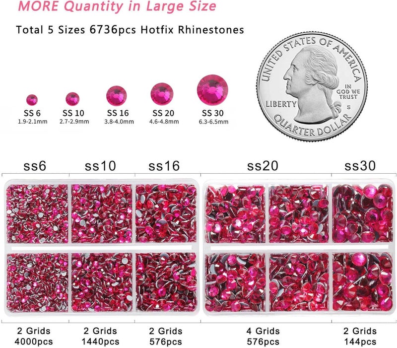 BEADSLAND 6736pcs Hotfix Rhinestones Flatback,Hot Pink Rhinestones for Crafts Clothes Mixed 5 Sizes, Hotfix Crystals with Tweezers and Wax Pencil Kit, SS6-SS30, Hot Pink - Image 4